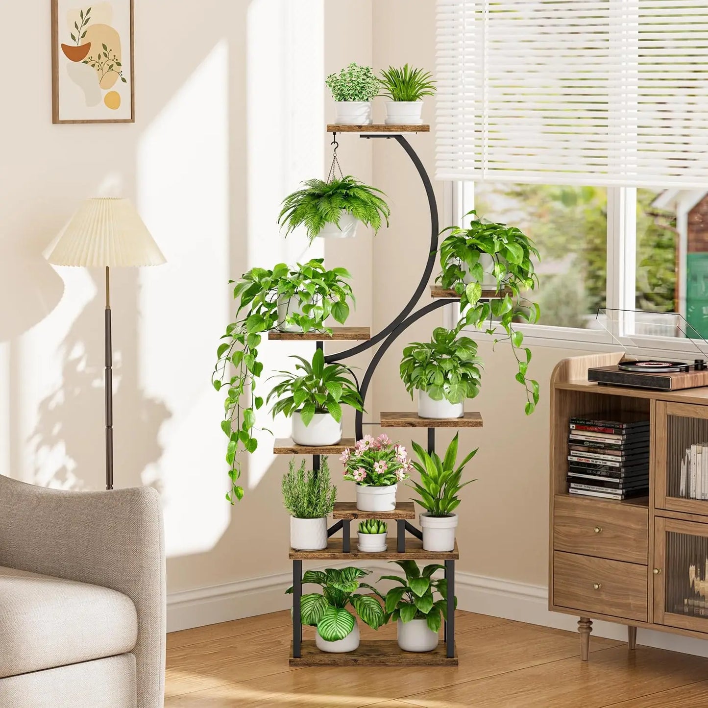 Plant Stands for Indoor Growing, 8 Tiered Large Flower Holder, S-Shaped Decorative Rack for Living Room, Brown