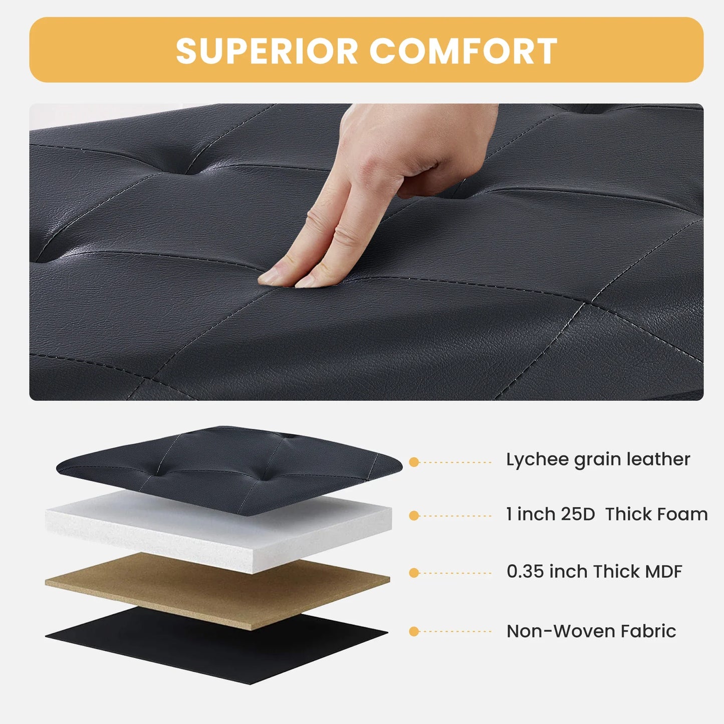 JHK 43 Inches Leather Folding Ottoman Storage Footstool For Living Room