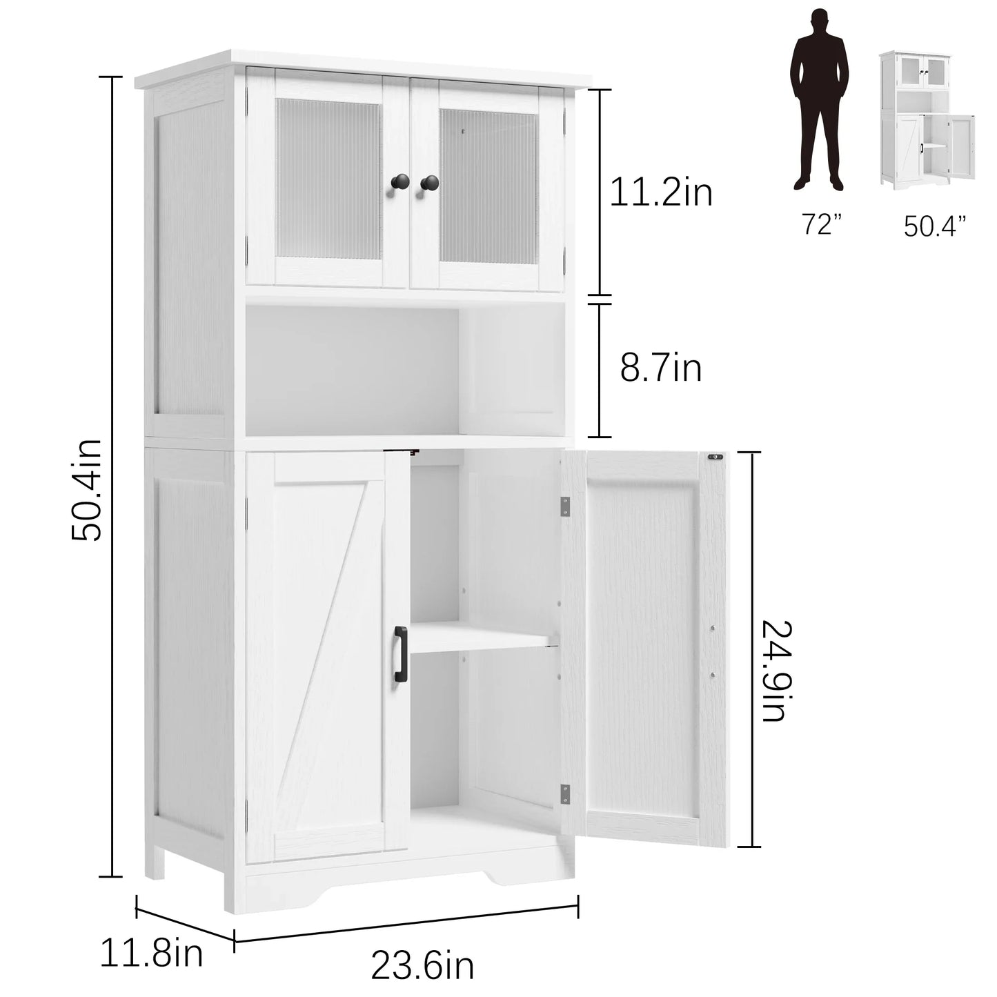 Free Standing Kitchen Pantry Cupboard with 4 Doors with Tempered Glass Doors