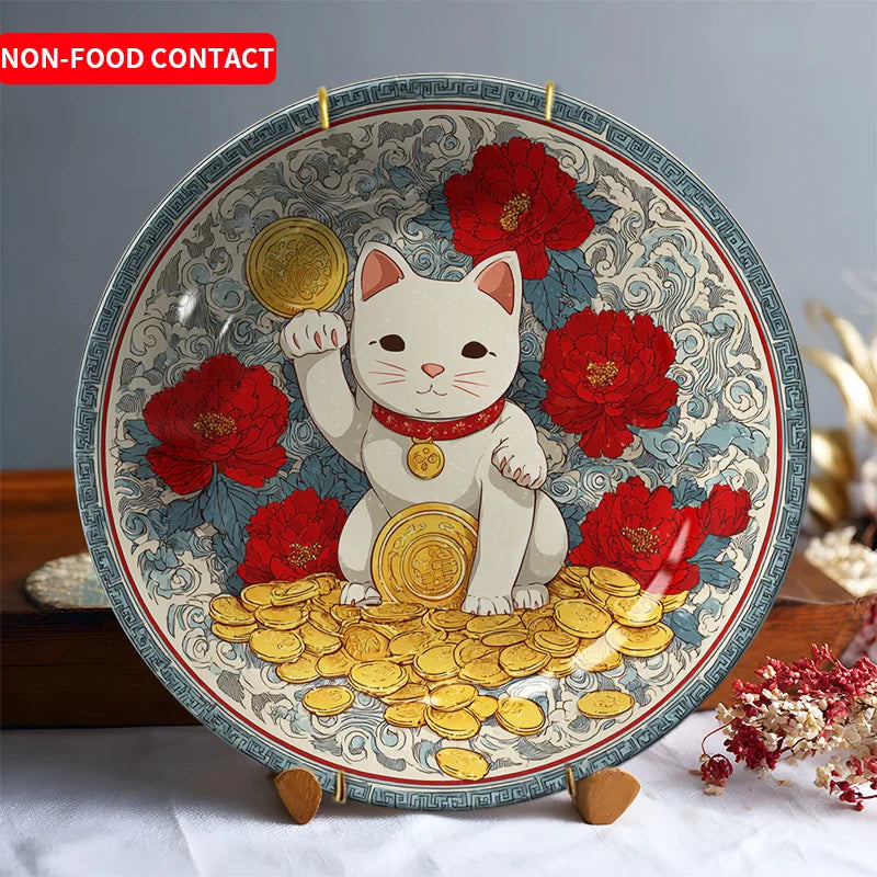 2D Flat, 8-Inch Round Plate  Decorative Ceramic Lucky Cat  1pc White Design