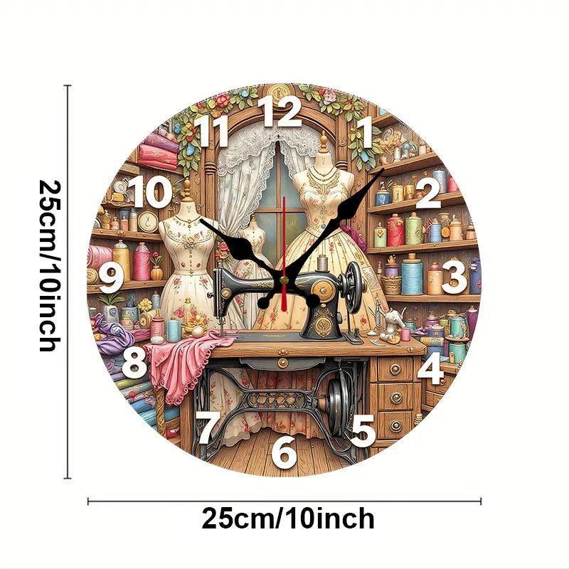 Vintage Sewing Machine Wooden Round Silent Hanging Wall