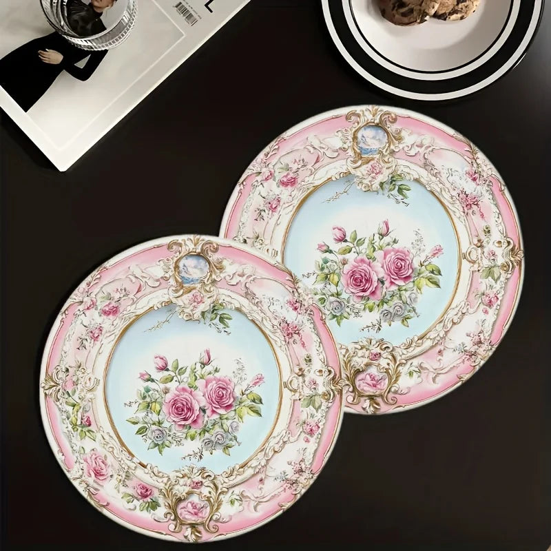 VIKAMA 4PC European Rose Meal Mat Light Blue Bottom Pink Round Table Decoration and Accessories