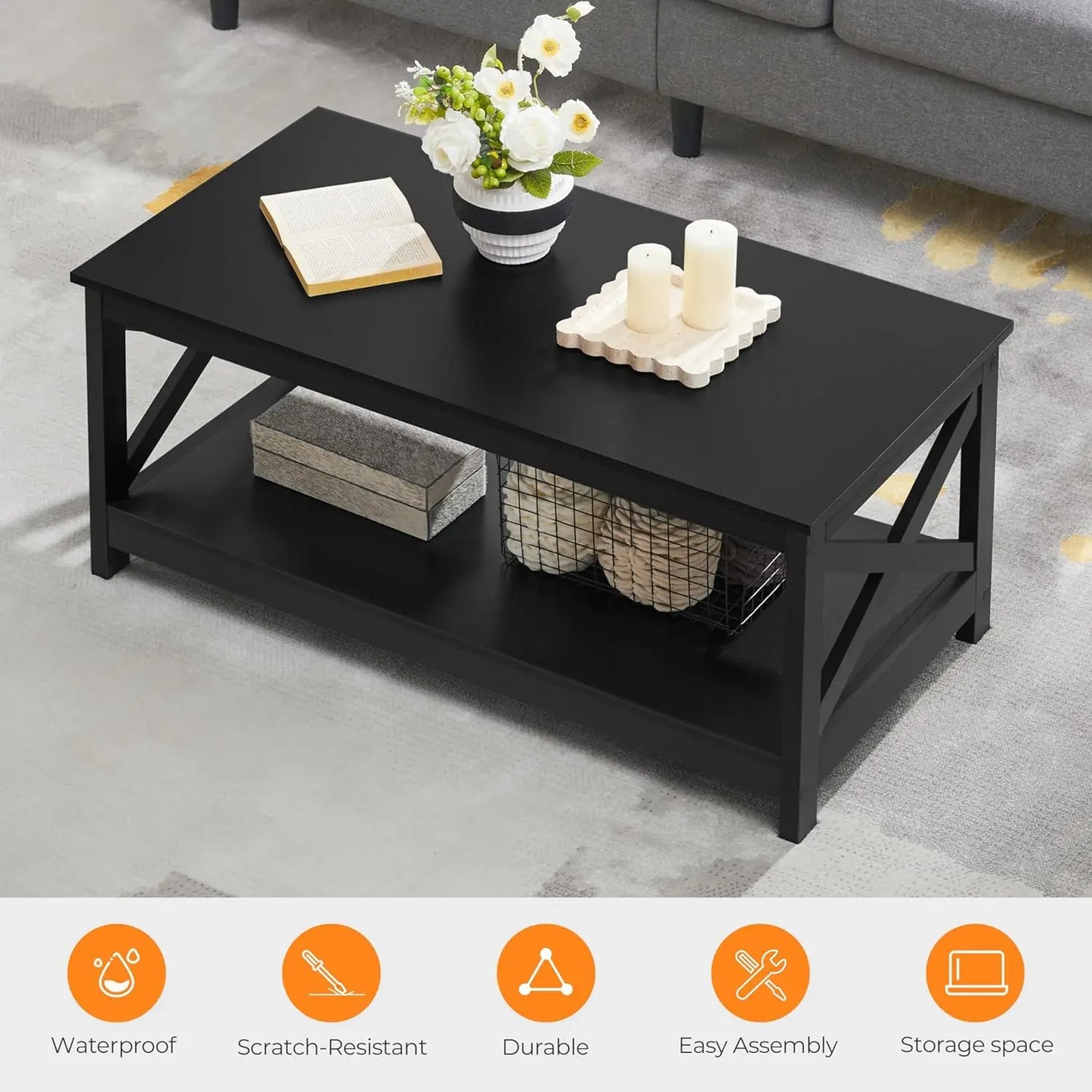 Wood 2-Tier Black Coffee Table with Storage Shelf for Living Room,