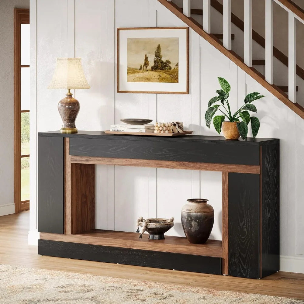 63-Inch Long Console Table for Entryway, 2-Tier Narrow Wooden Rectangular Sofa Table Behind Couch for Hallway