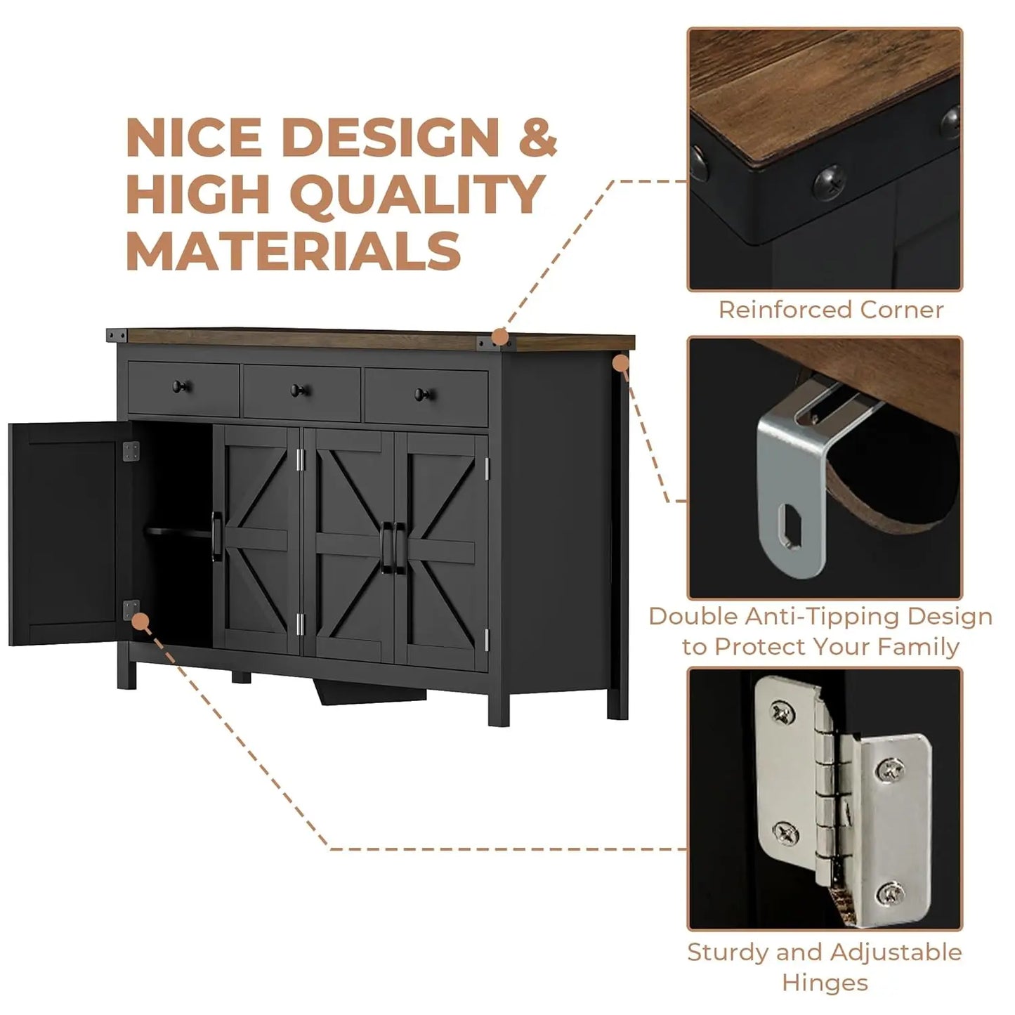 63" Sideboard Buffet Cabinet with Storage, Coffee Bar with 3 Drawers and 4 Barn Doors,