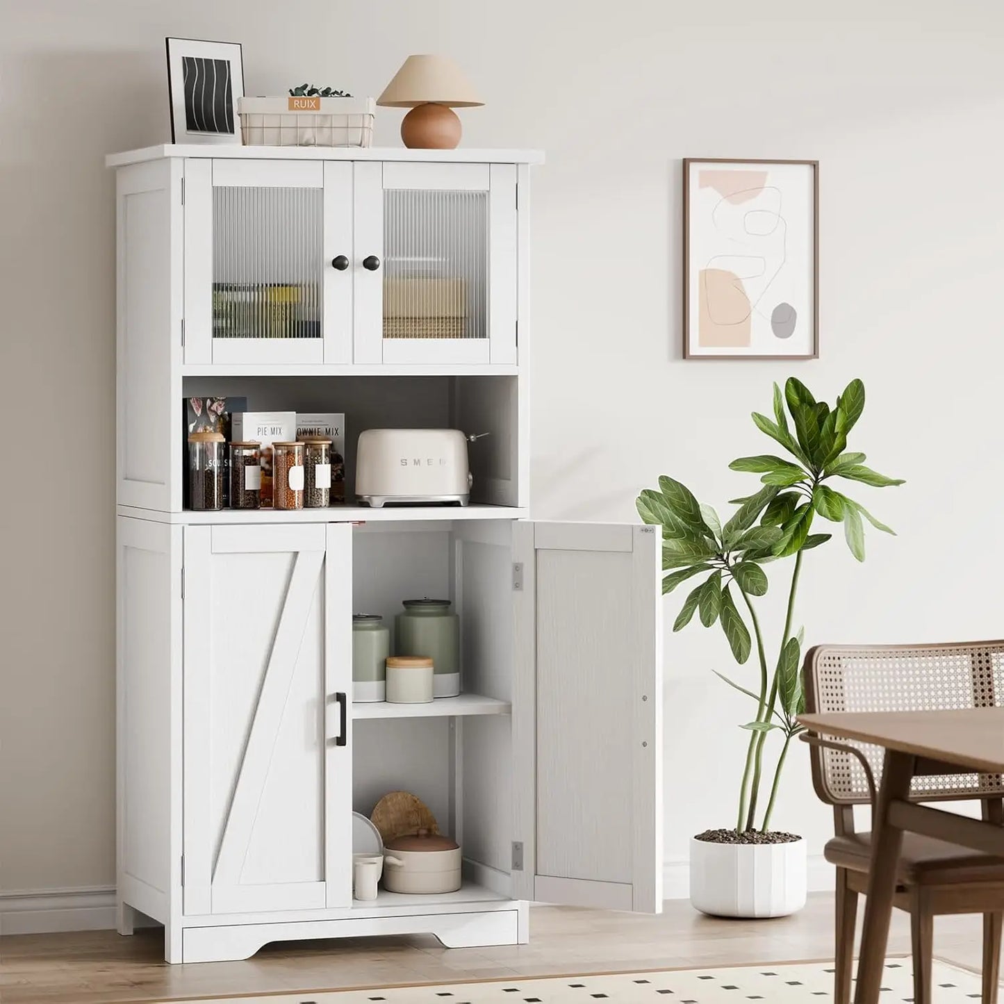 Free Standing Kitchen Pantry Cupboard with 4 Doors with Tempered Glass Doors