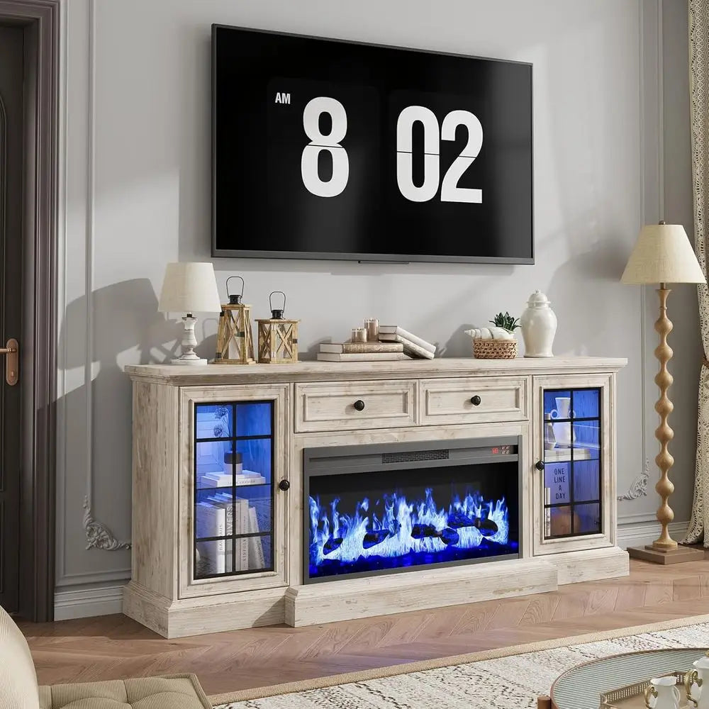 Modern 70 Farmhouse TV Stand with 36 LED Electric Fireplace, Storage Cabinet & Drawer for 80 TVs