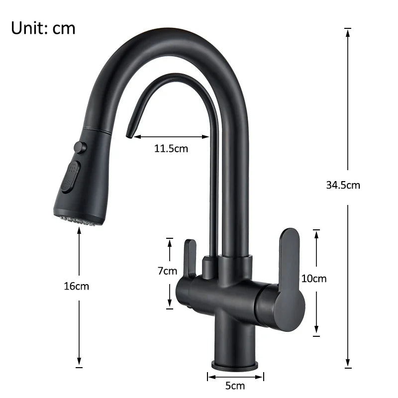 Quyanre Matte Black Filtered Crane For Kitchen Pull Out Spray 360 Rotation Water Sink Mixer Kitchen Faucet