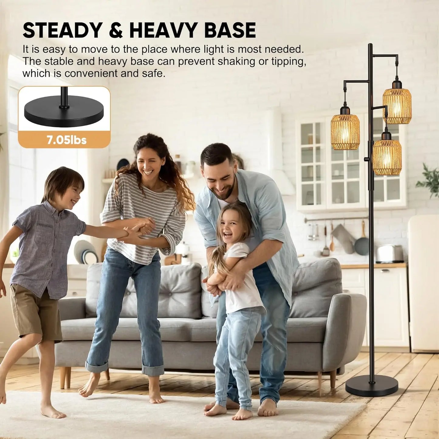 Dimmable Boho Floor Lamp - 3 Light Farmhouse Rattan Design for Living Roomp