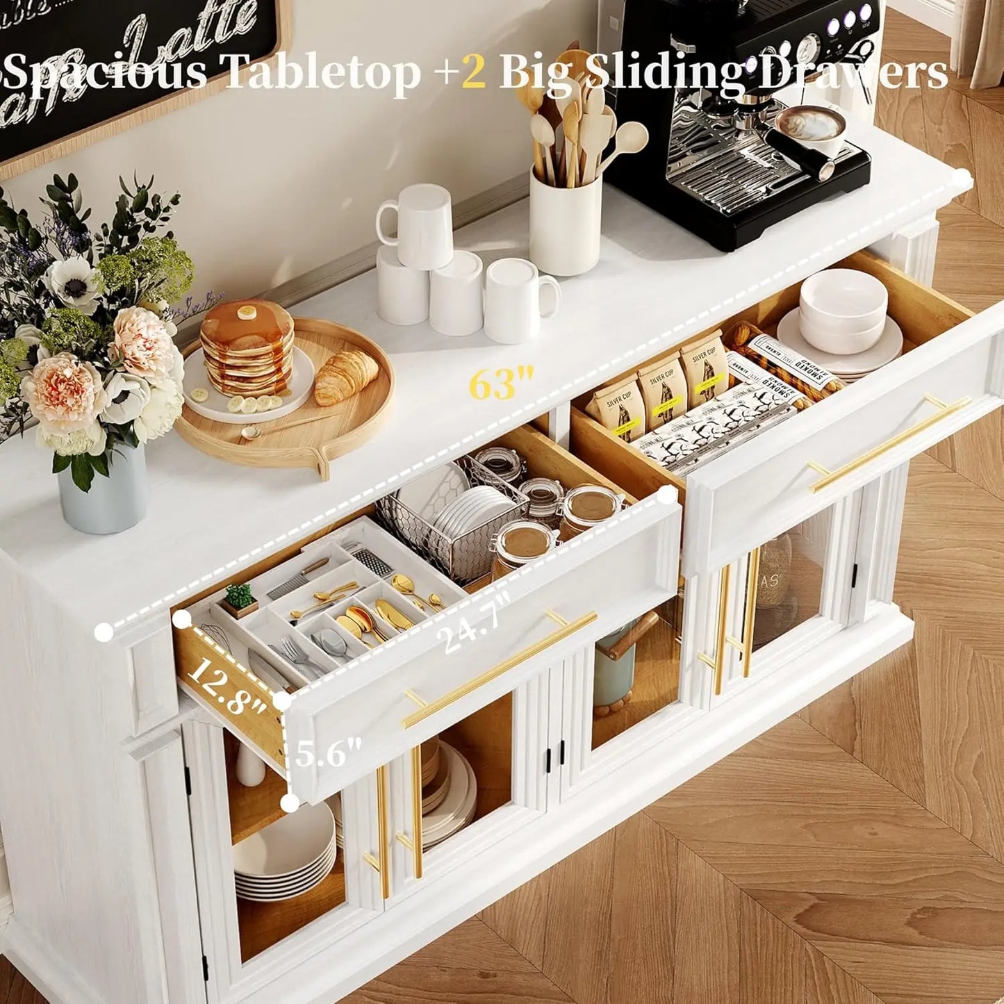 63" Large Sideboard Buffet Cabinet with Storage,  2 Drawers and Glass Doors,, Customized