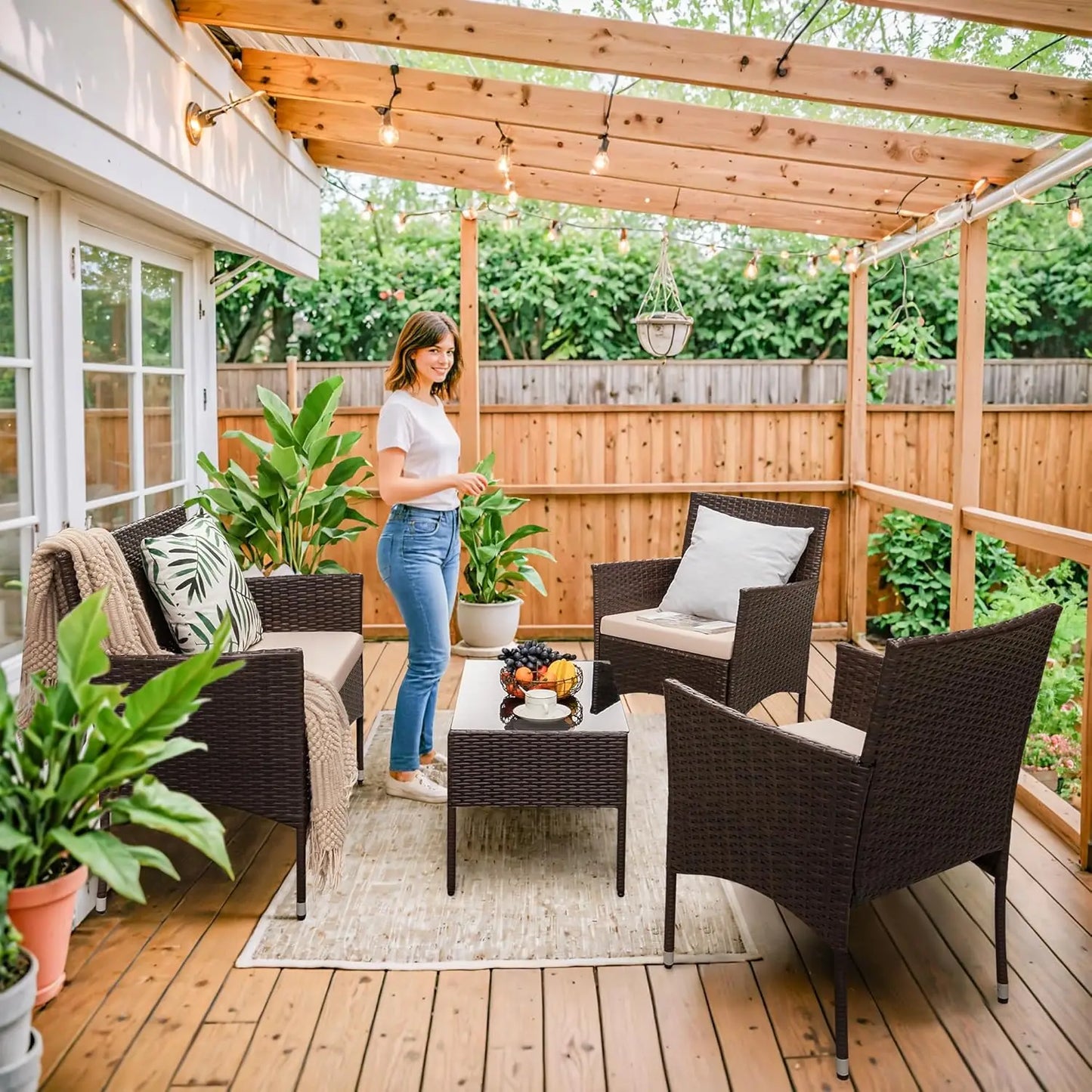 4 Pieces Outdoor Patio Furniture Sets Rattan Chair Wicker Set Backyard Porch