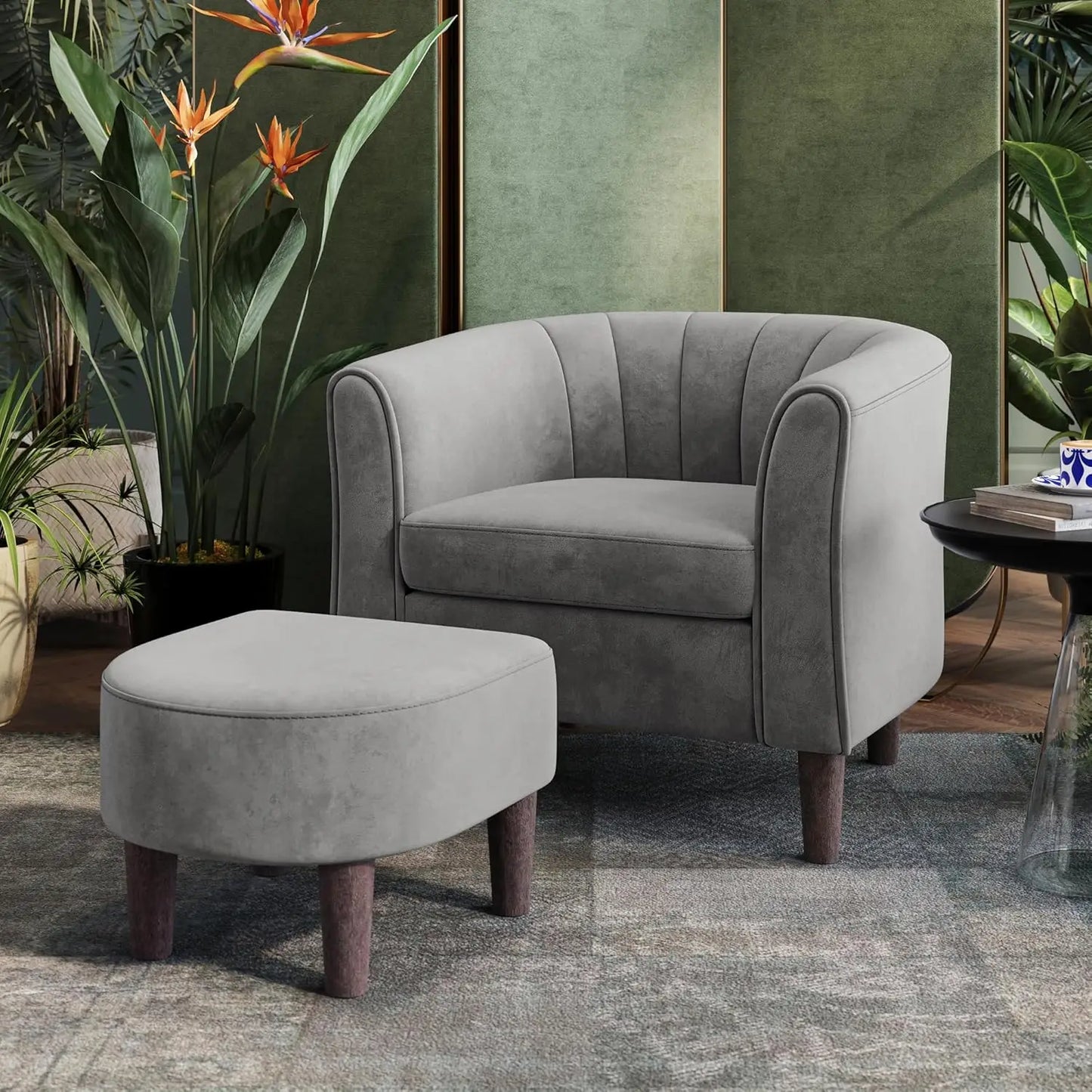 Accent Chair Ottoman Set: Chenille Barrel Chair with Foot Rest,  Upholstered