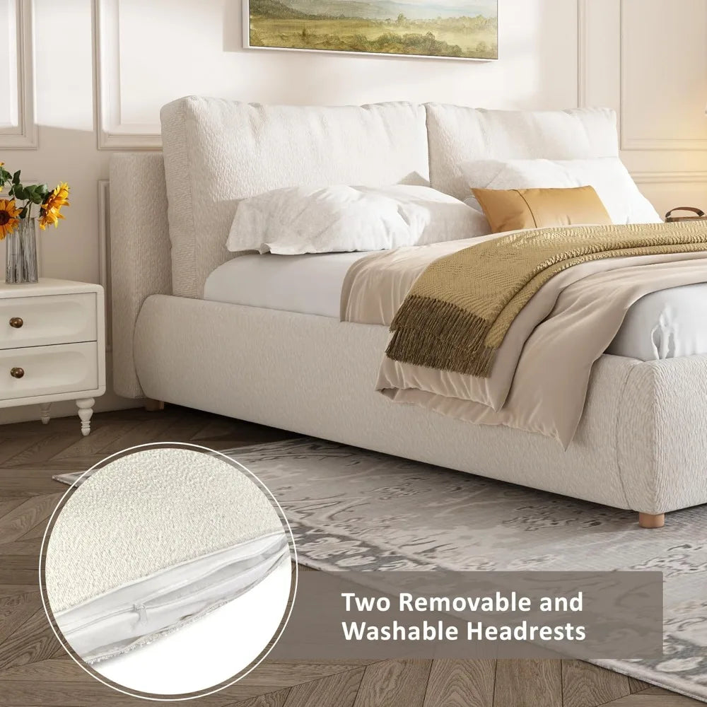 Queen Size Bed Frame with Removable Pillow Headboard,  Platform Cloud Bed, Wood Slats Support,