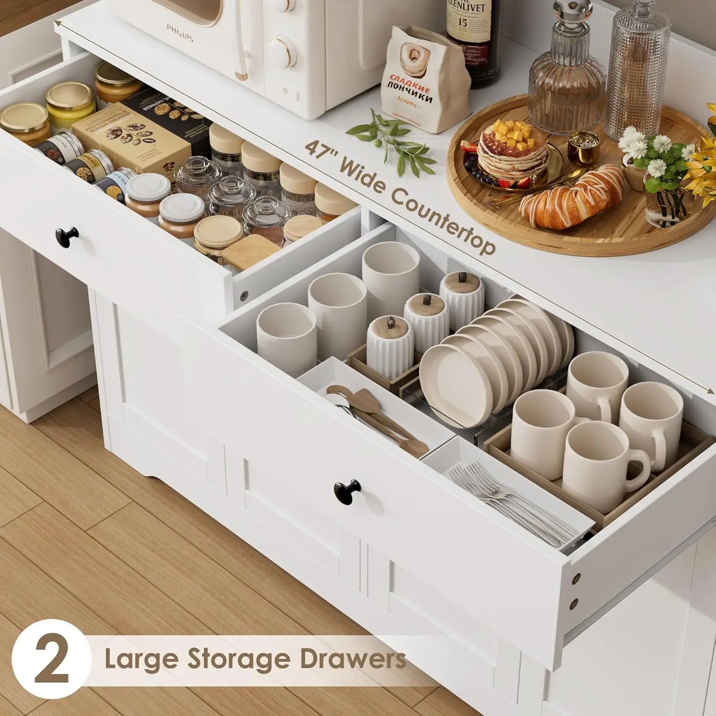 71" LED Kitchen Pantry Cabinet with Power Outlet, with Arched Door & Shelves