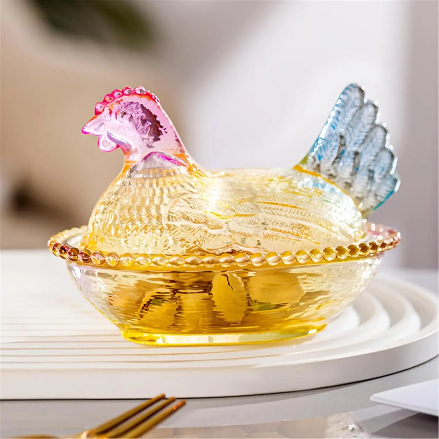 Glass Hen on Nest Candy Dish with Lid, Pastoral  Candy Bowl  with Lid,Muti-Color