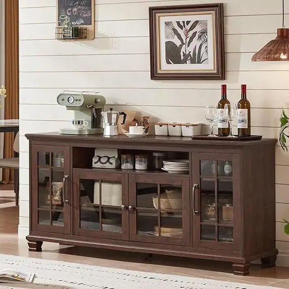 Large Sideboard Buffet Cabinet with Storage, Vintage Farmhouse Cabinets with Glass Doors