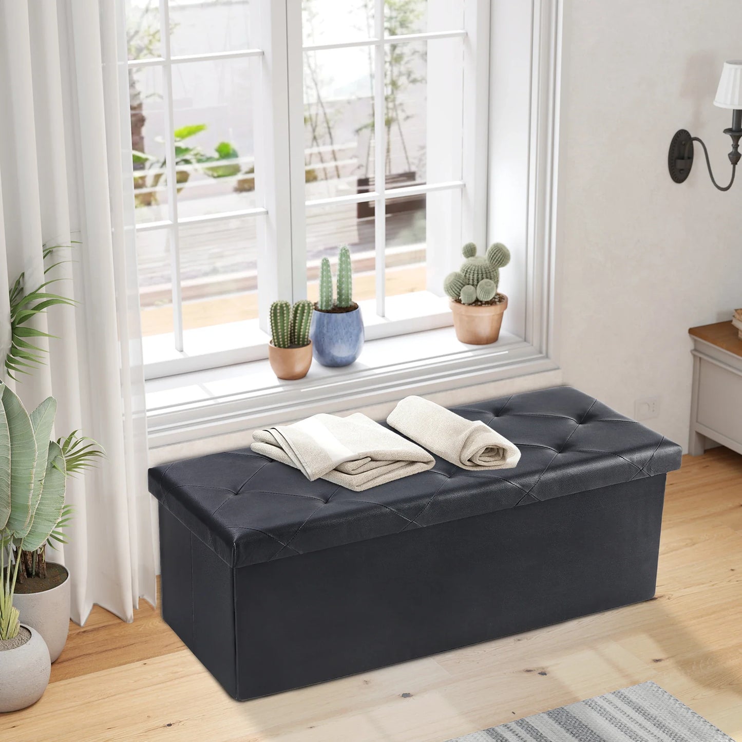 JHK 43 Inches Leather Folding Ottoman Storage Footstool For Living Room