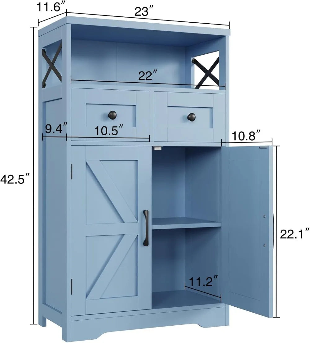 Farmhouse Blue Storage Cabinet with Barn Doors & Drawers, Kitchen Pantry Organizer for Home