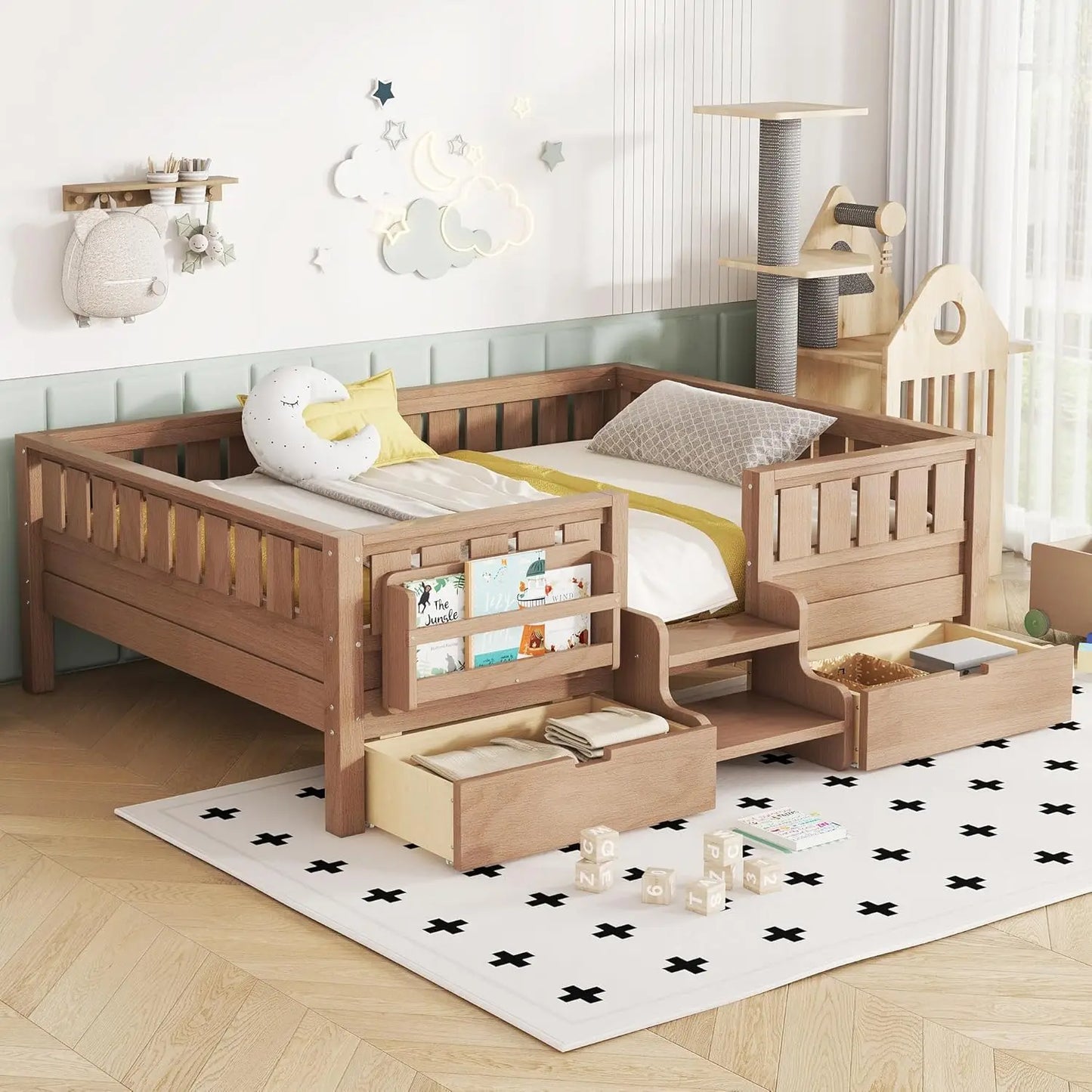 Full Size Kids Montessori Bed Frame with Stairs Bookshelf Drawers Storage Low Profile, 6 different finishes^








differeny