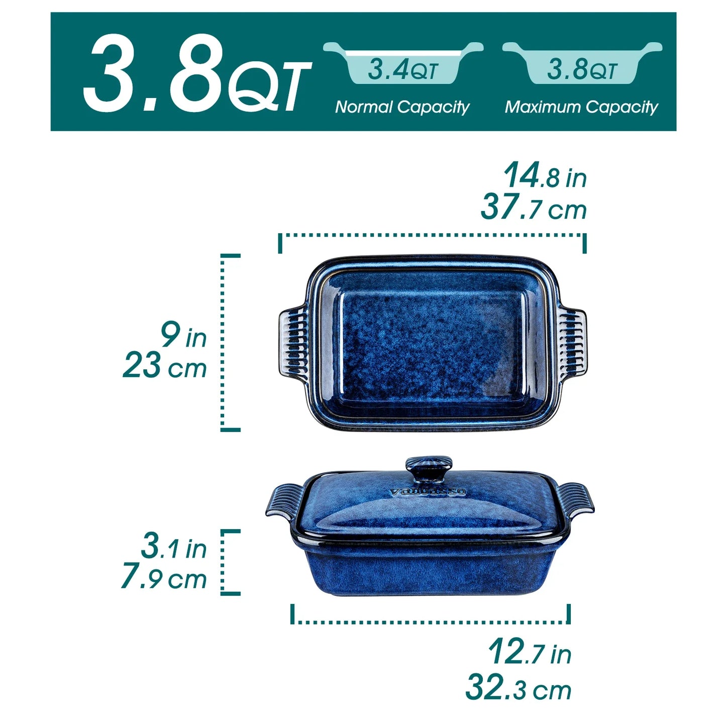 vancasso Starry 3.8/1.9 Quart Blue Casserole Baking Dish with lid