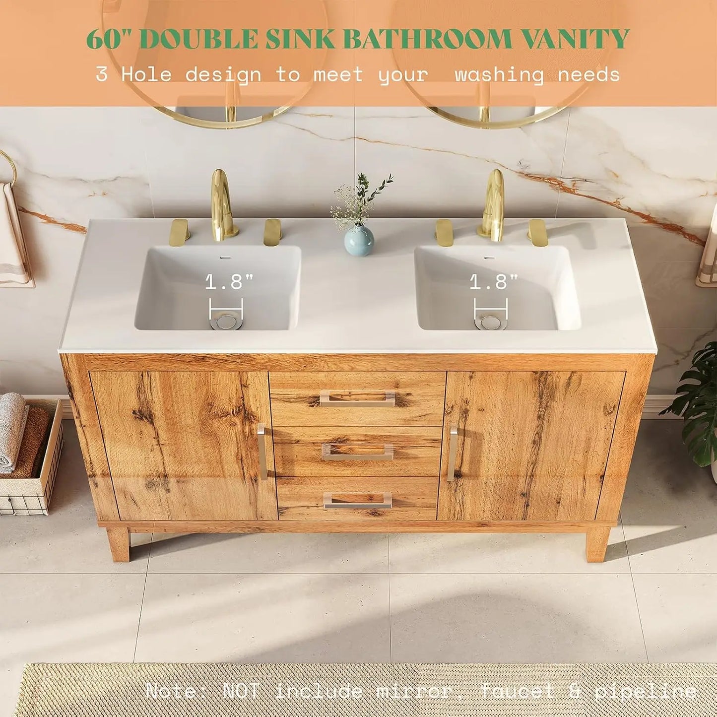 60in Double Bathroom Vanity High Gloss Woodgrain Storage 3 Hole Sink 2 Soft Close Doors Oak