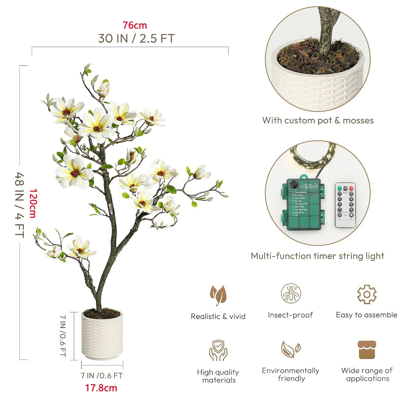 Artificial Magnolia Plant Faux Flower Trees  with LED Light for Yard Patio Home
