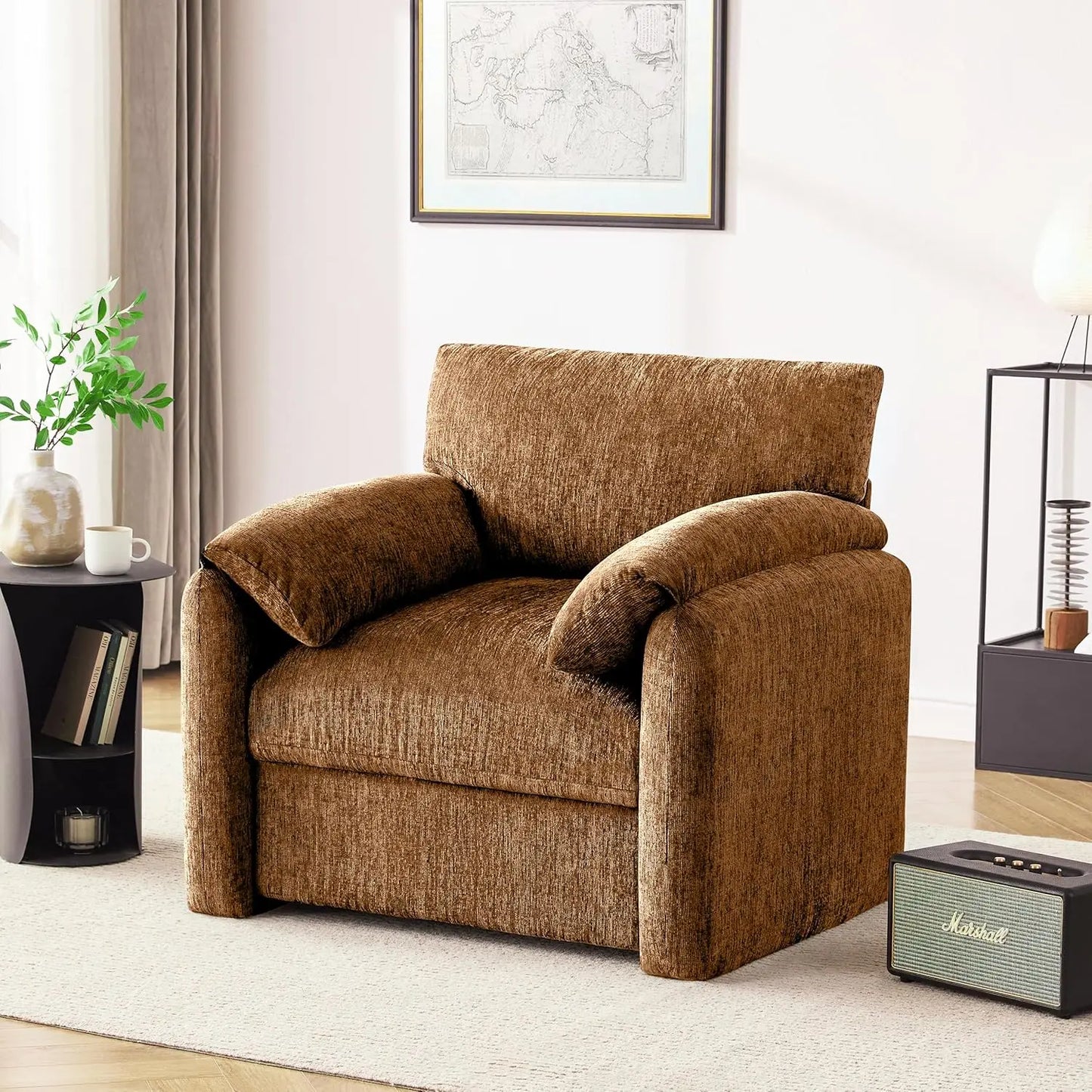 38.6in Chenille Oversized Armchair Mid-Century Upholstered Living Room Bedroom Beige