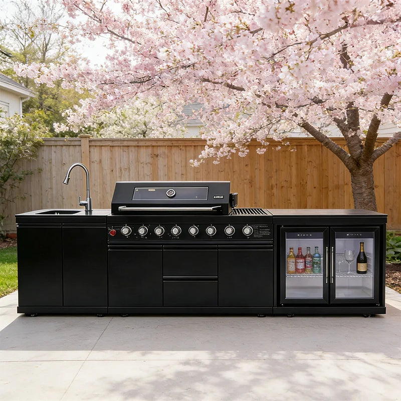 Modern Modular Functional Stainless Steel Outdoor Kitchen Grill Cooktop Sink Fridge LED For Backyard Patio Garden