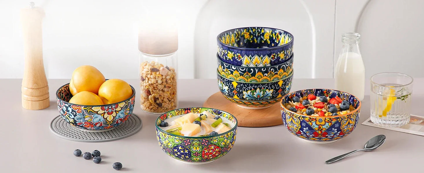 Bohemian Ceramic Bowl Set of 6 (28 Oz) - Colorful Soup, Cereal, Pasta, Salad, Fruit Bowls