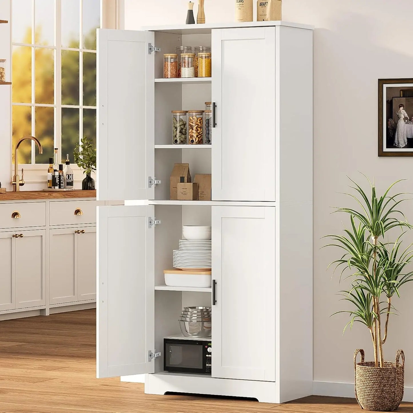 70 Inch Tall Kitchen Pantry Cabinet, Freestanding Storage Cabinet with 4 Doors and Adjustable Shelves,