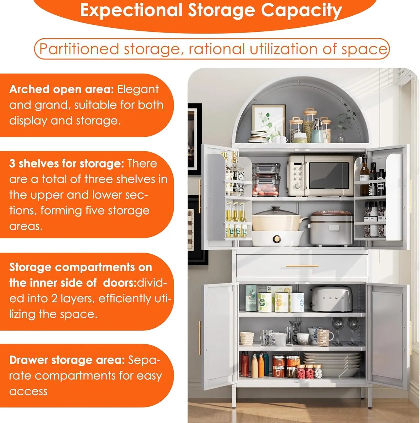 73" White Arched Pantry Cabinet with Drawer, Adjustable Shelves for Kitchen Living Room Storage