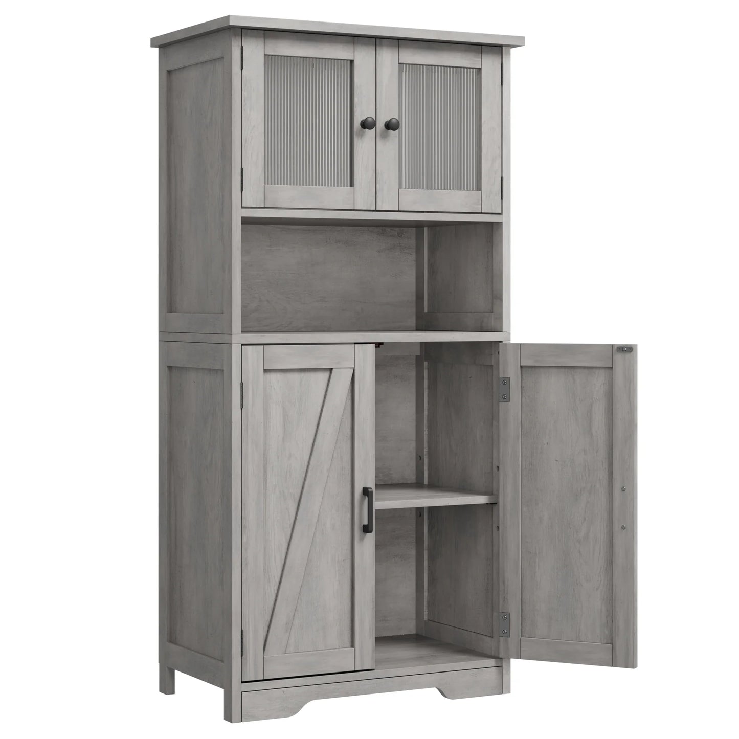 Free Standing Kitchen Pantry Cupboard with 4 Doors with Tempered Glass Doors