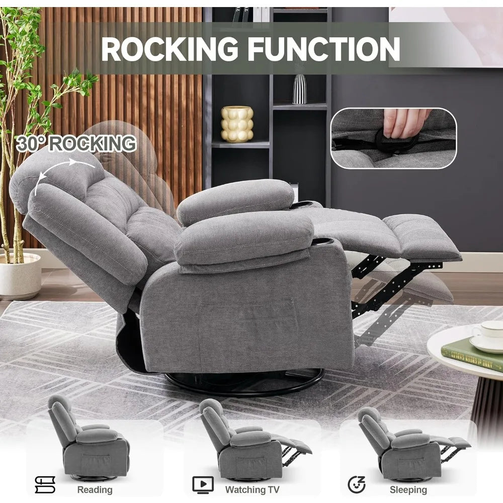 Rocker Recliner Chair with Heat and Massage,360° Swivel  with Cup Holder