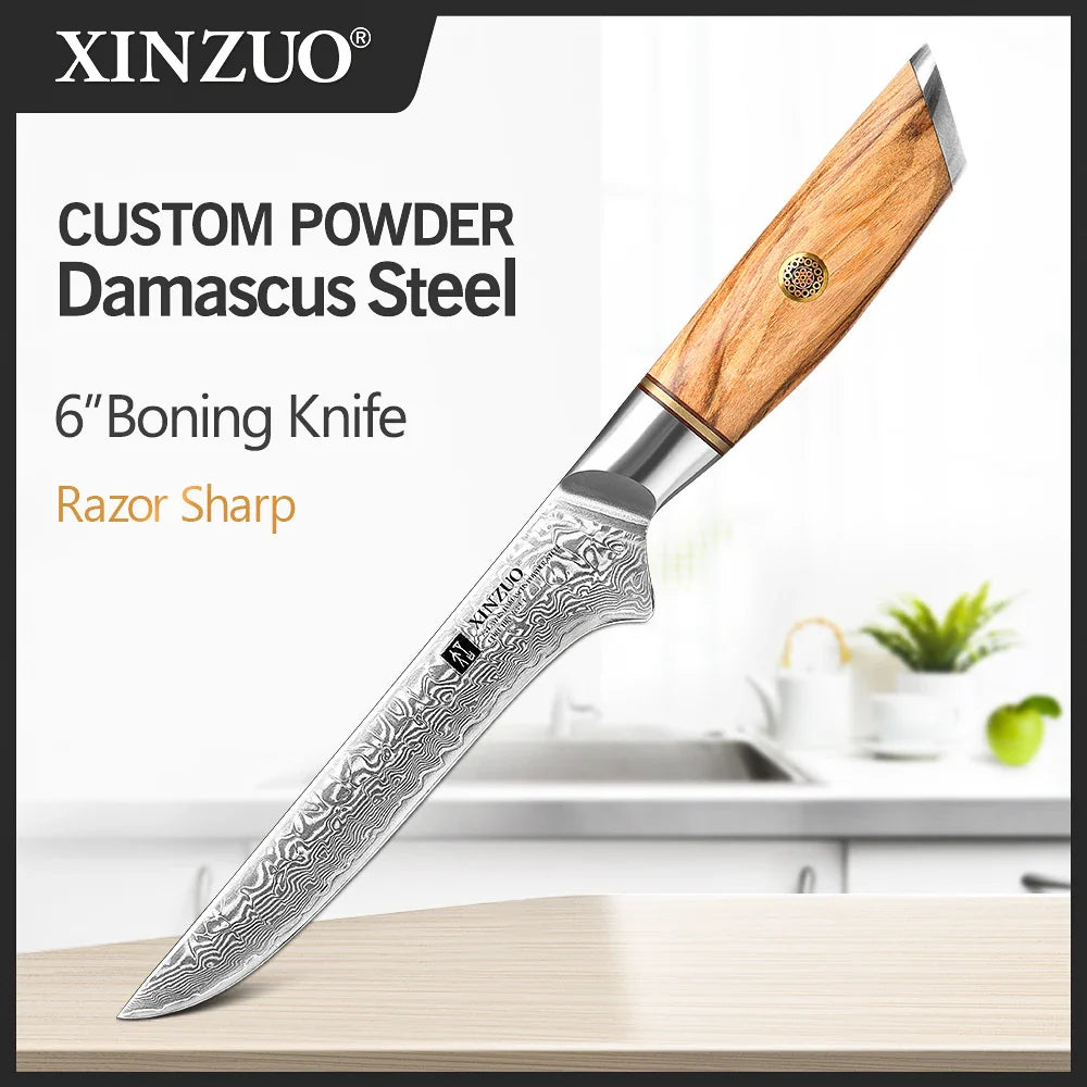 XINZUO 1-8pcs Kitchen Knife Set 73 Layers Custom Damascus Steel  with Olive Wood Handle
