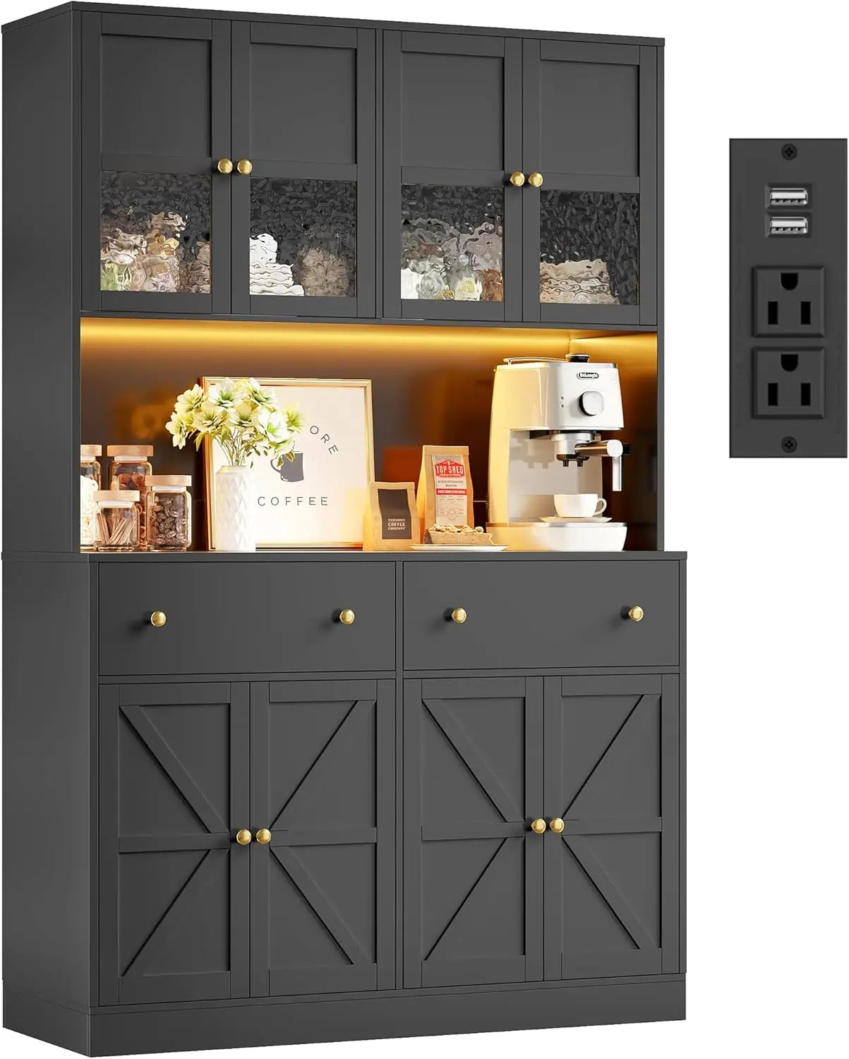 71 Inch Pantry with LED Light and Charging Station, Farmhouse Kitchen Pantry