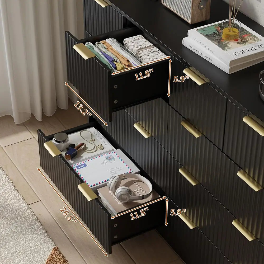 10-Drawer Wide Chest with Metal Handle for Bedroom in Black