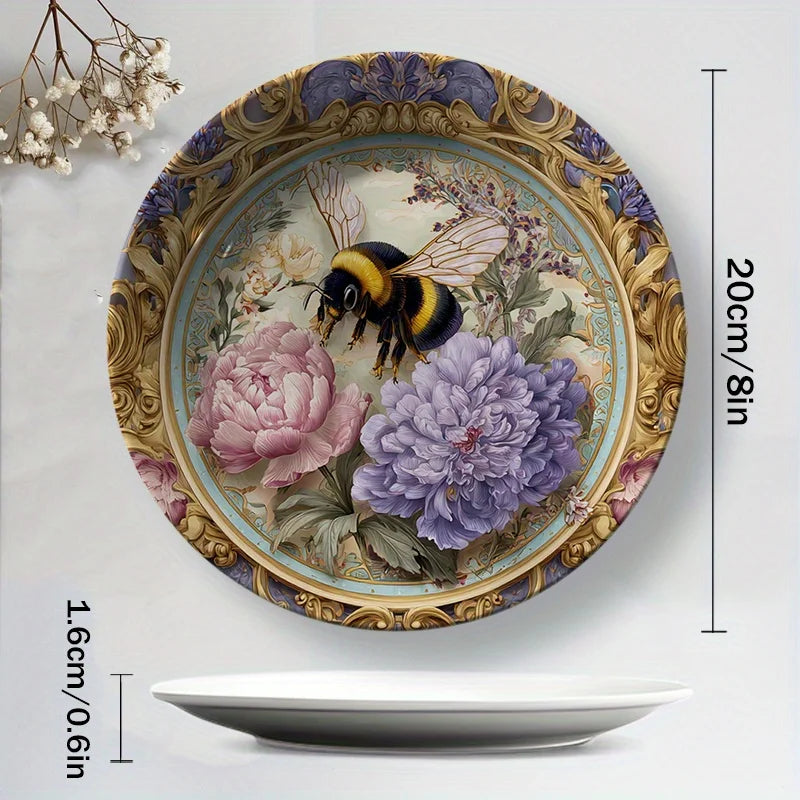 1pc Hand-Painted Bee & Floral Ceramic Plate - Round Wall-Mountable or Tabletop