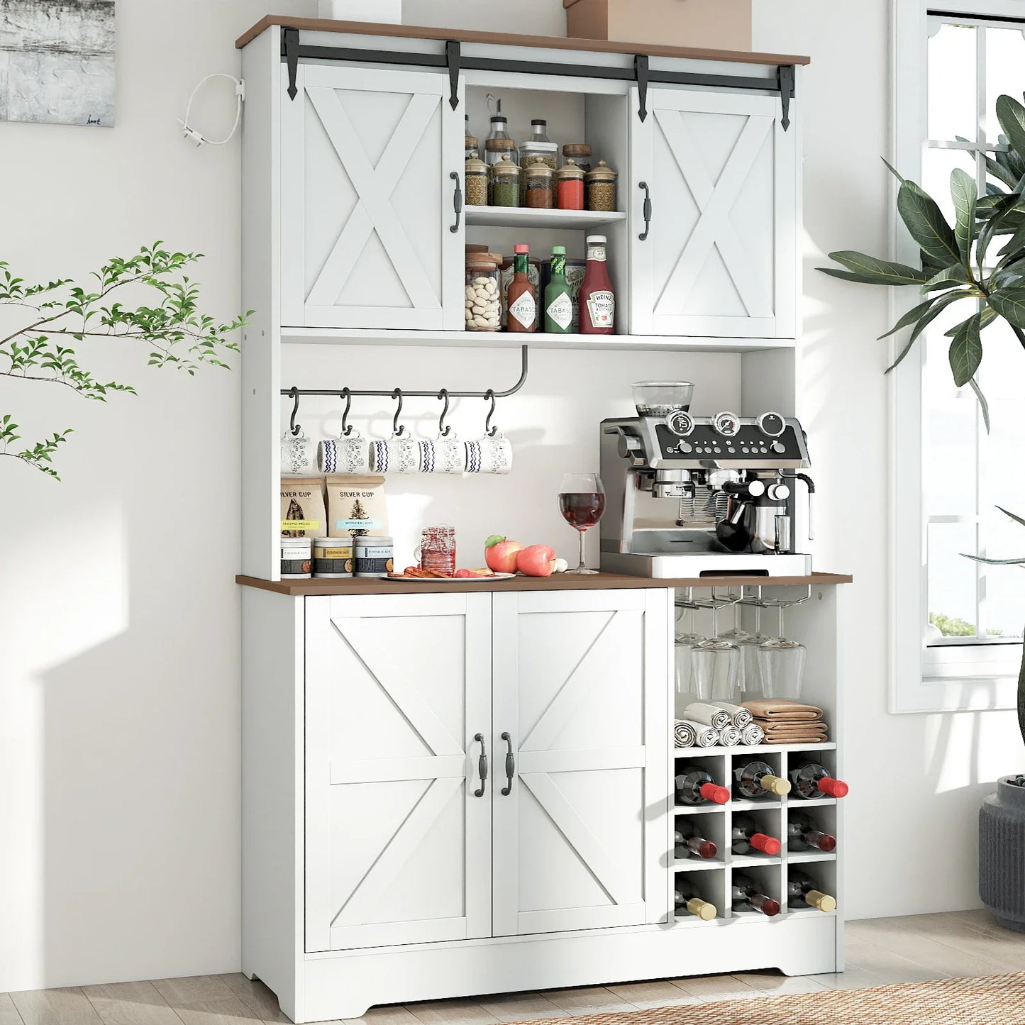 71" Kitchen Pantry Cabinet with Charging Station, for Kitchen Storage with Sliding Doors, Co