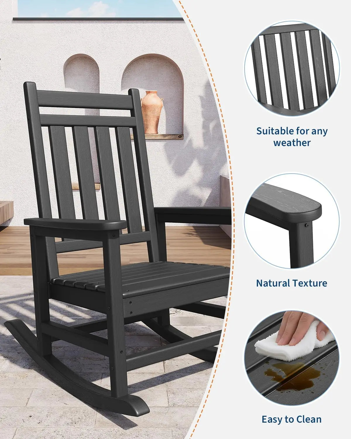 Outdoor Rocking Chair, All-Weather  Patio Rocking Chairs for Adults, 380lbs Weight Capacity, for Porch