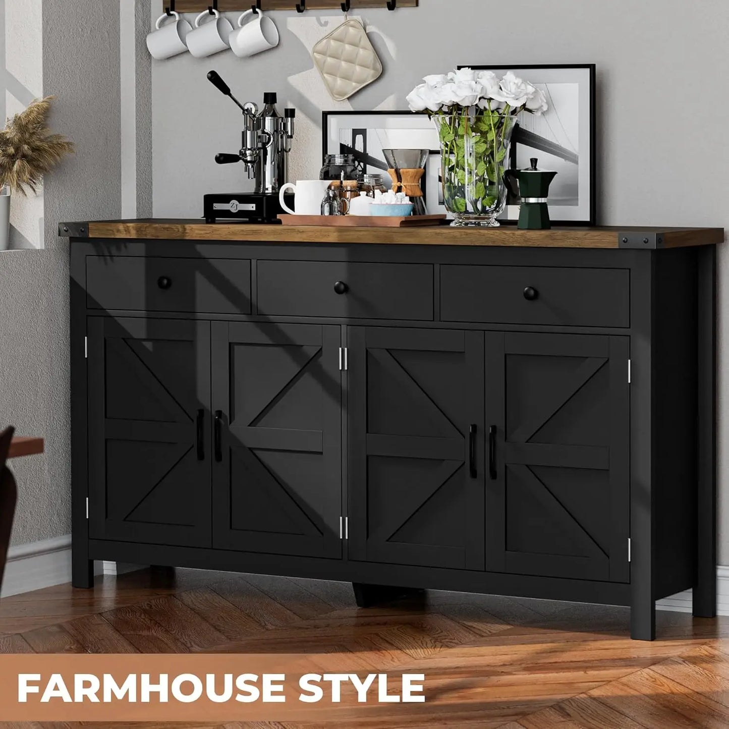 63" Sideboard Buffet Cabinet with Storage, Coffee Bar with 3 Drawers and 4 Barn Doors,