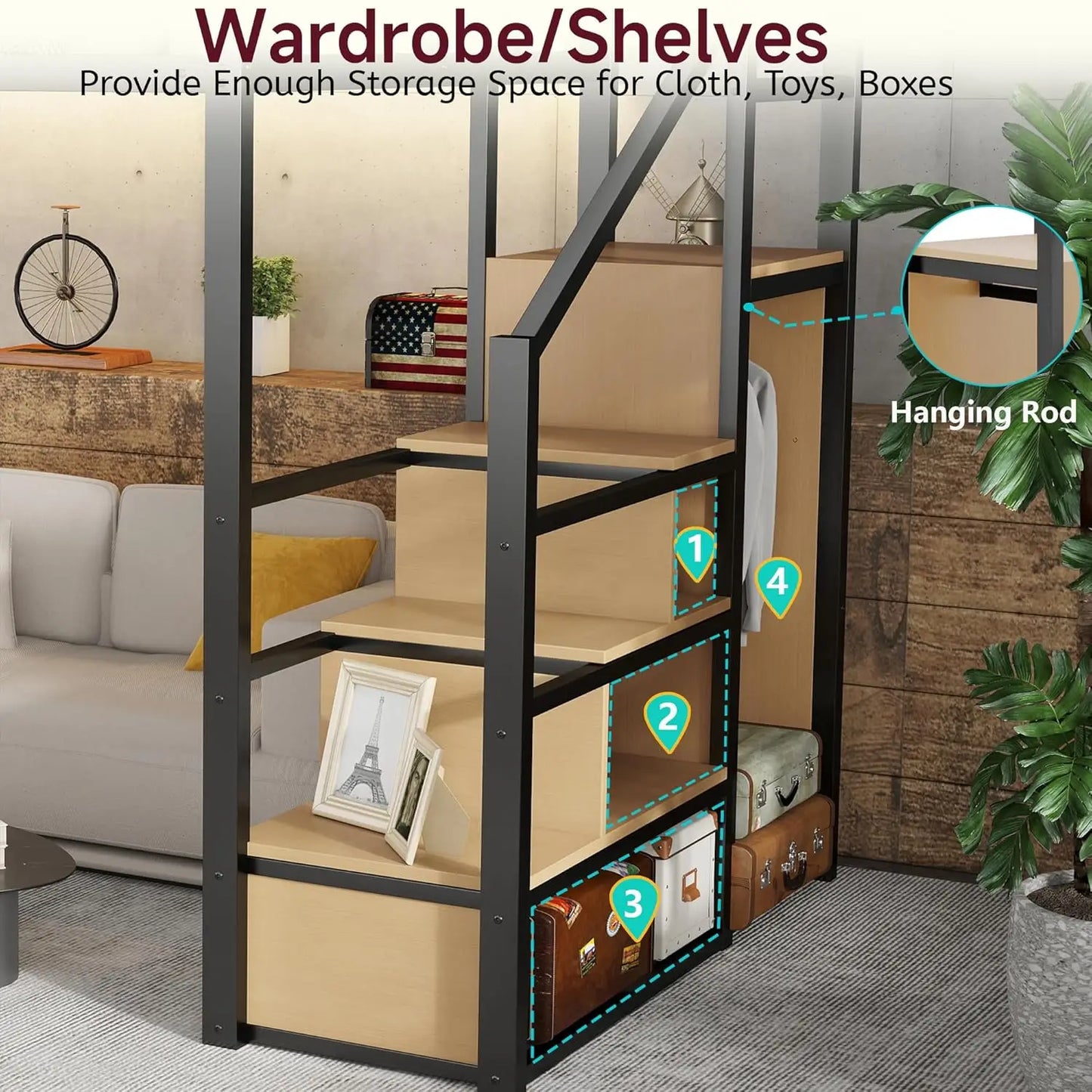 Full Size Loft Bed With Stairs And Storage, Metal Loft Bed Frame WithLarge Under-Bed Space