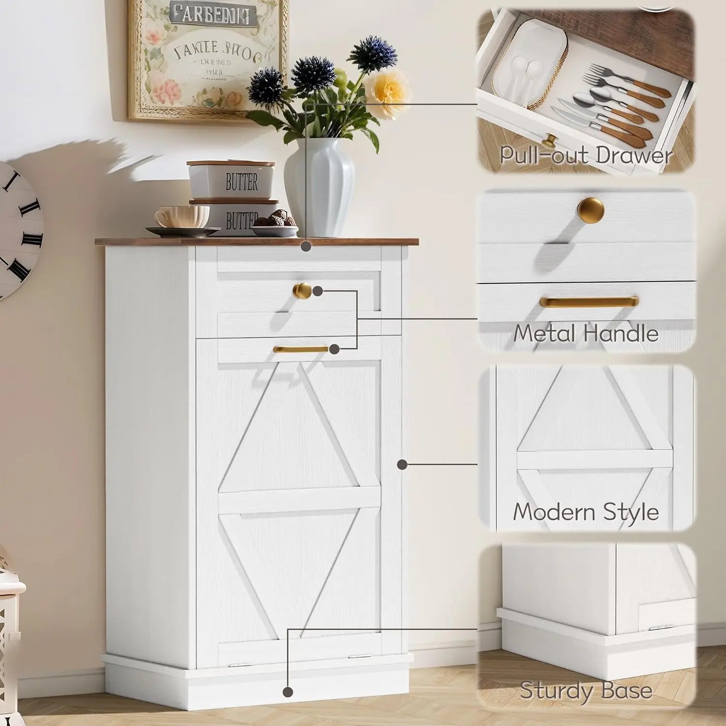 Tilt Out Trash Cabinet 10 Gallon, Woodern Hidden Trash Can Holder, for Kitchen, Laundry Sorter (White)