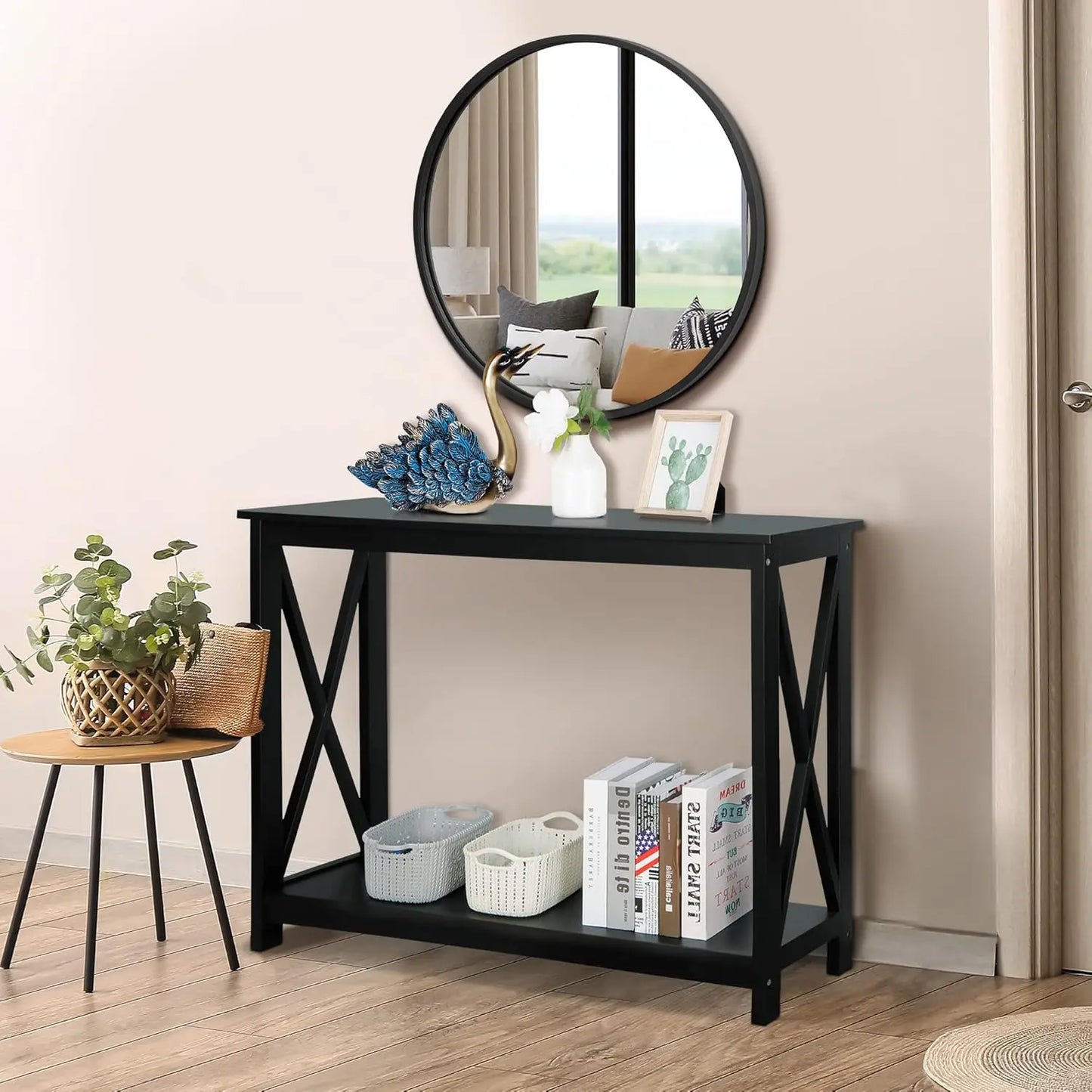 39.5" Narrow Console Table with 2-Tier Storage Shelf, Black Finish for Hallway Living Room Office