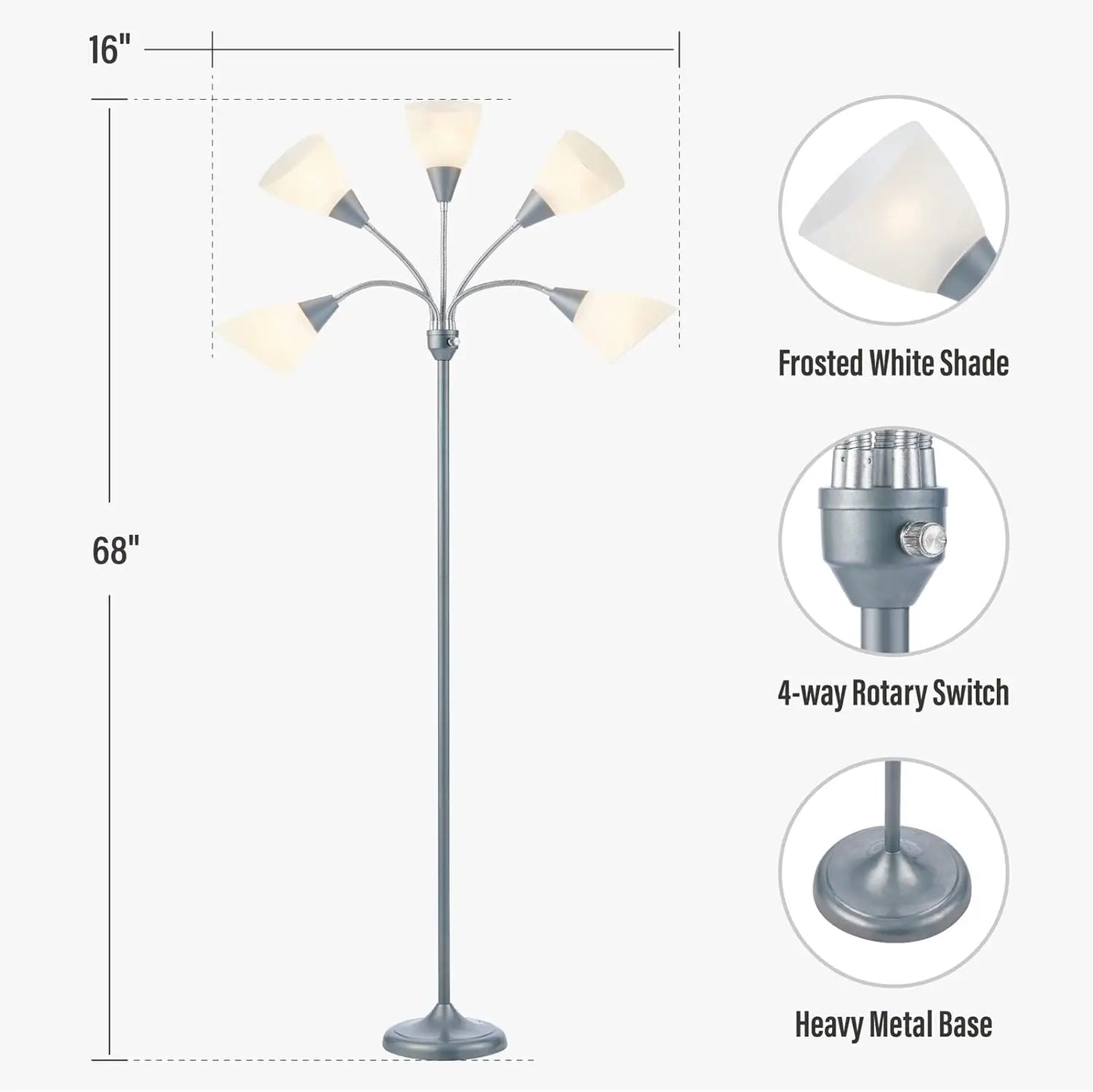 Medusa 5-Head Adjustable Floor Lamp, Large Shade, Silver, Living Room Bedroom Reading Light