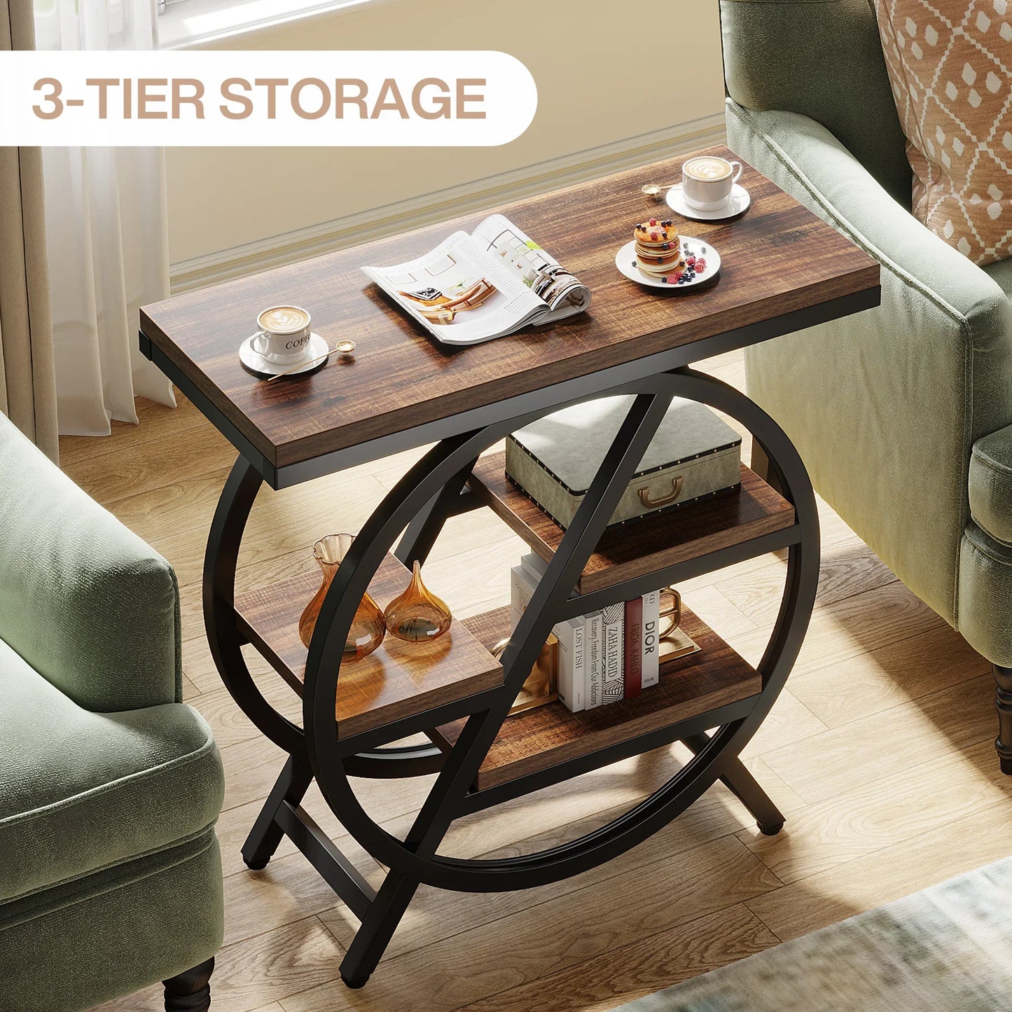 Tribesigns End Table, Narrow End Table with 3 Storage Shelves,