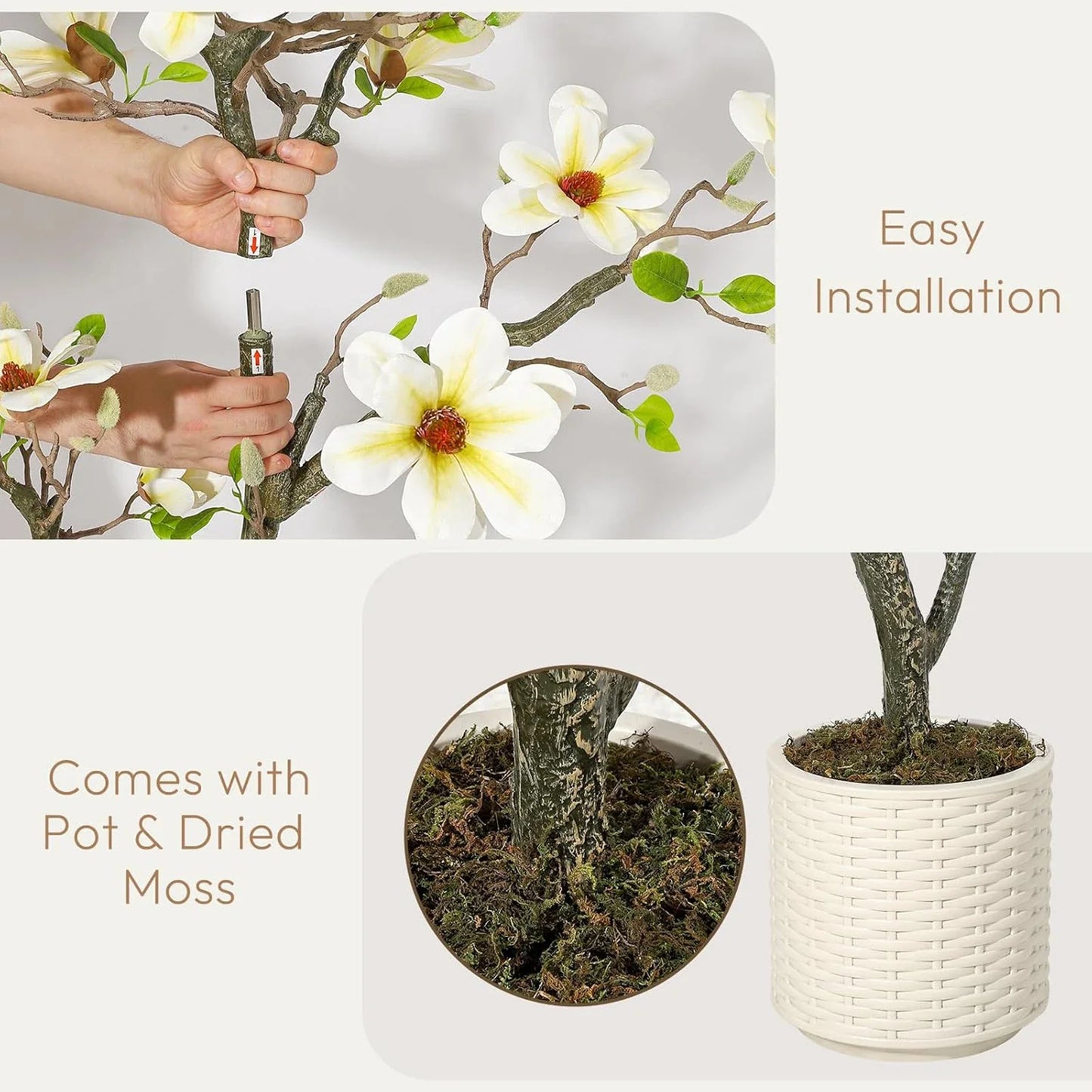 Artificial Magnolia Plant Faux Flower Trees  with LED Light for Yard Patio Home