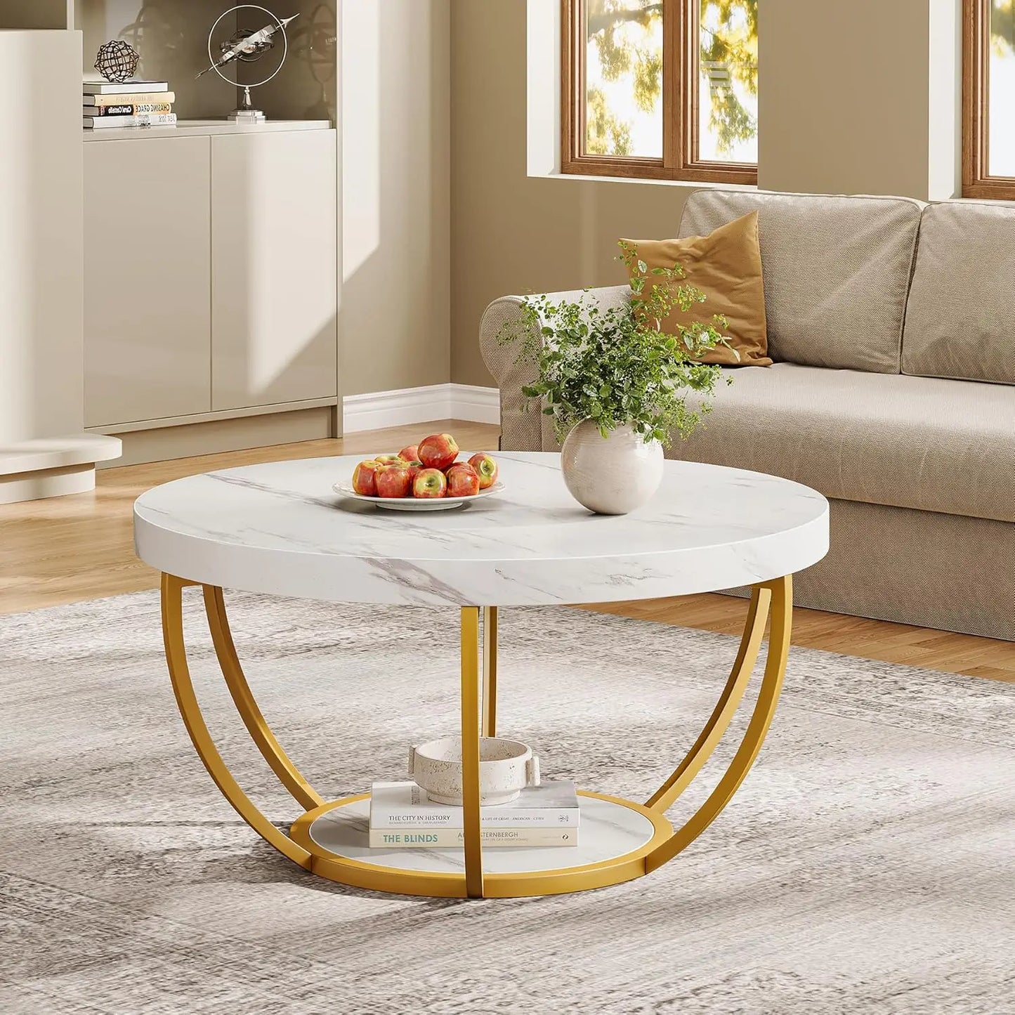 32" Circle Marble Coffee Tables, 2-Tier Golden Metal Legs
