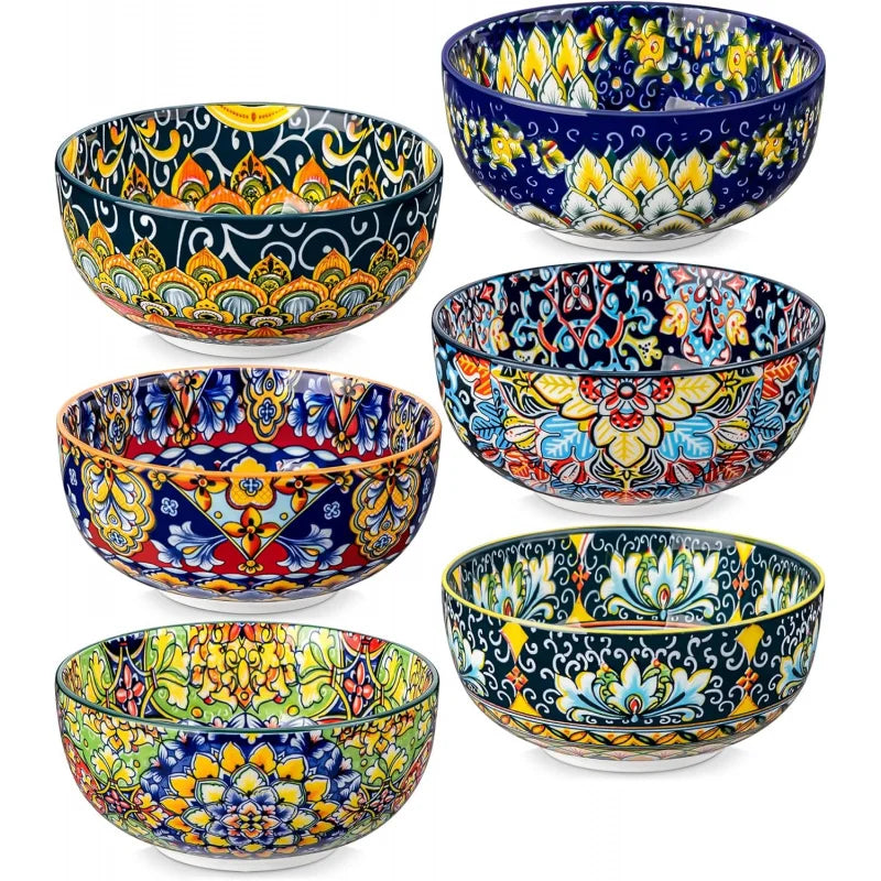 Bohemian Ceramic Bowl Set of 6 (28 Oz) - Colorful Soup, Cereal, Pasta, Salad, Fruit Bowls
