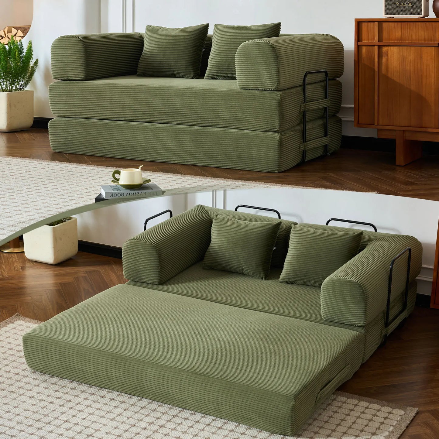 79" Convertible Sofa Bed with Fixed-Shape Frame & Removable Armrests, Modular Corduroy