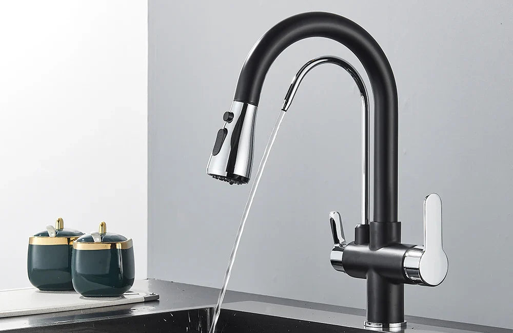 Quyanre Matte Black Filtered Crane For Kitchen Pull Out Spray 360 Rotation Water Sink Mixer Kitchen Faucet
